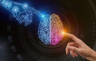 Hand made of blue light touching the left side of a brain graphic with the index finger while a human hand touches the other side.